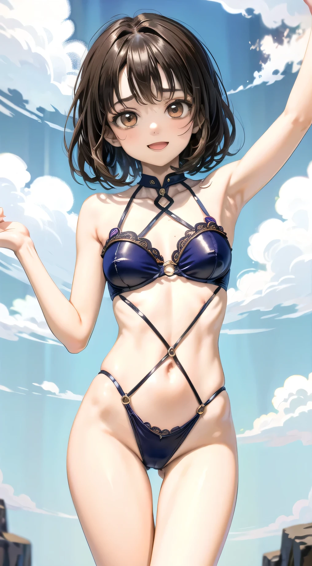 very cute girl、dark brown hair、short hair、Dark Brown Eyes、big cute eyes、slim body、Ordinary breasts、thin arms、slim legs、white skin、smile、open your mouth、Vibrant magical girl costume、vivid background、、