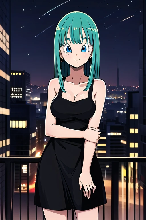 bulla, long hair, straight hair, aqua hair, blue eyes.
1girl, solo, medium breasts, black dress, city, night, smile,