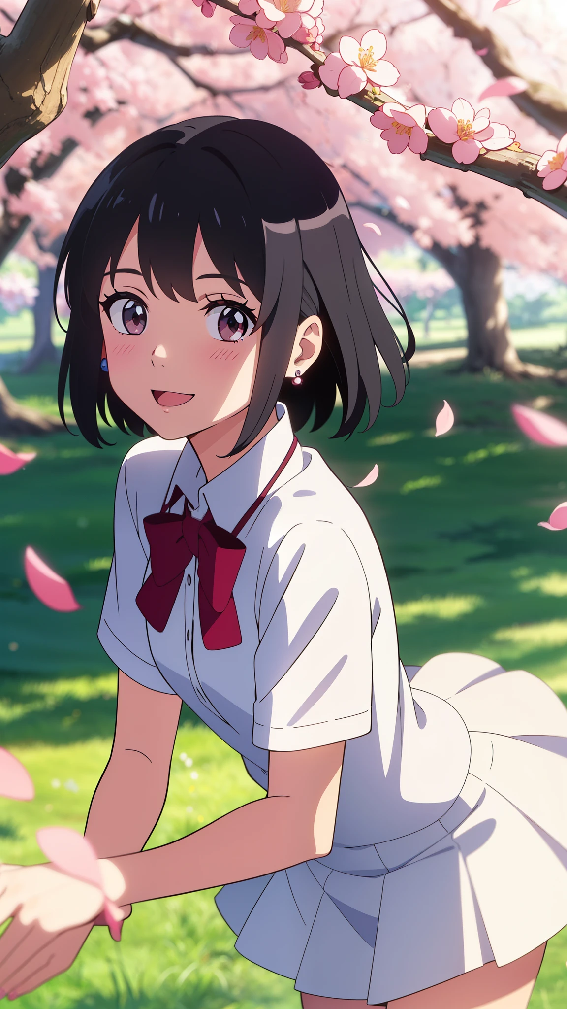 shinkai makoto, kimi no na wa., 1girl, bangs, black hair, girl wear black dress, short dress, short sleeves, white skirt, short skirt, red headband, red bow, red ribbon, blush, bright eyes, brown eyes, short hair, smile, cute, beautiful, open mouth, love, looking at the viewer, earrings, cherry_blossoms, falling_petals, petals, branch, pink_flower, sunlight, spring_season, wind, tree