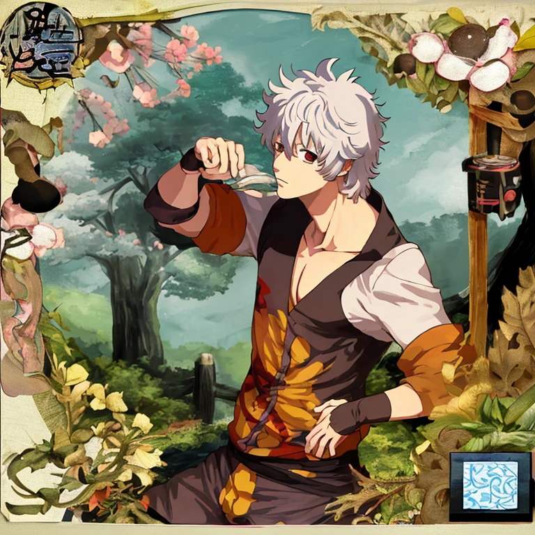 Anime, personaje sakata gintoki, bebiendo mate, naturaleza