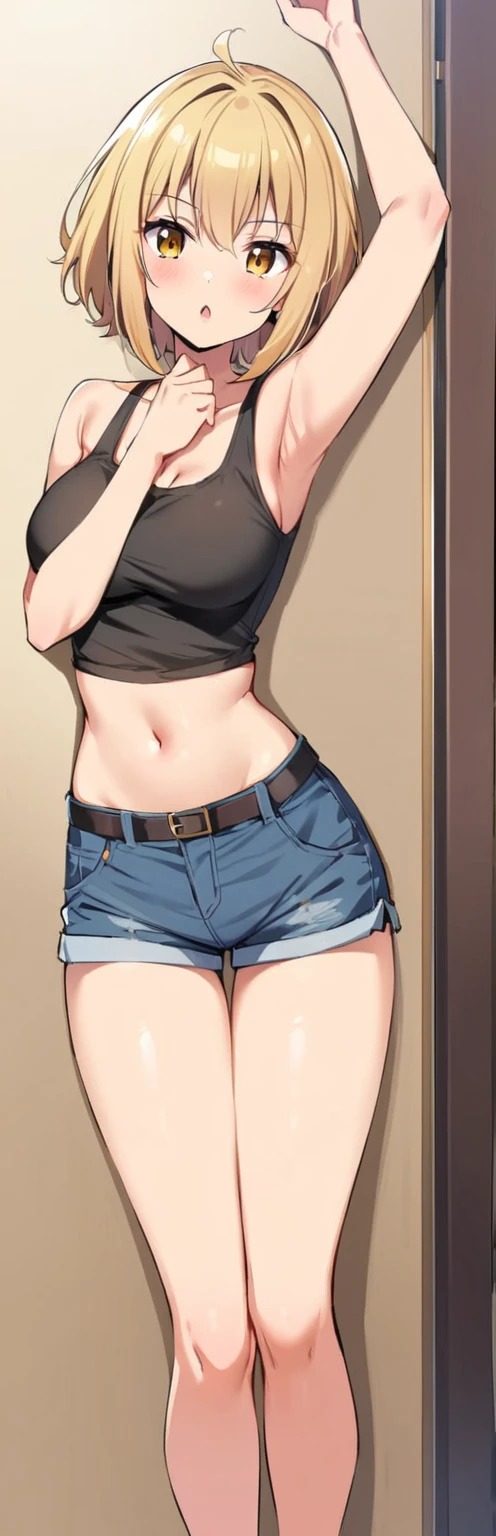 (obra maestra, Mejor calidad:1.2), 1 chica, solo,de pie_dividir,
Yuuki Mikan, pelo largo,negro sleeveless tank top,falda rosa,negro