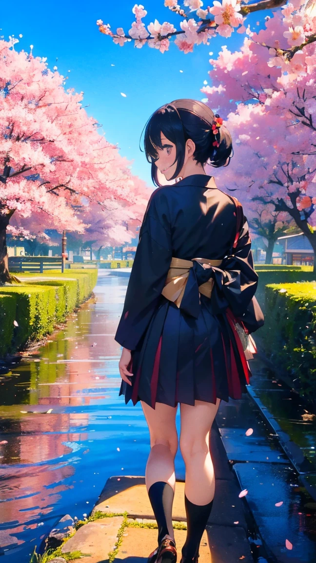 1 anime girl, girls in the Meiji Period,Hakama with crest,alone,Black petals flutter, A mysteriously shining butterfly.city,Black vibrant hair,bright black jewel eyes,short bob,thin legs,very clear,highest quality,smile,,cherry blossomsの花びらに触れる,cherry blossoms,turn to the side,空に舞うたくさんのcherry blossomsの花,beautiful blue sky,meteor,Meiji-era cityscape,Taisho Roman,