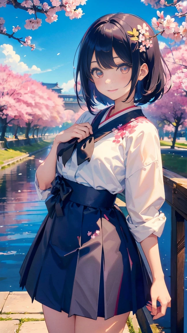 1 anime girl, Schoolgirls in the Meiji Period,Hakama with crest,alone,Black petals flutter, A mysteriously shining butterfly.city,Black vibrant hair,bright black jewel eyes,short bob,thin legs,very clear,highest quality,smile,,cherry blossomsの花びらに触れる,cherry blossoms,turn to the side,空に舞うたくさんのcherry blossomsの花,beautiful blue sky,meteor,Meiji-era cityscape,Taisho Roman,