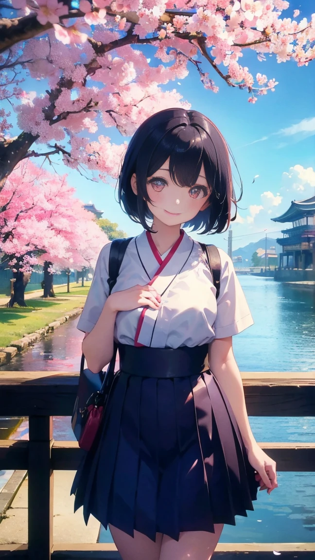 1 anime girl, girls in the Meiji Period,Hakama with crest,alone,Black petals flutter, A mysteriously shining butterfly.city,Black vibrant hair,bright black jewel eyes,short bob,thin legs,very clear,highest quality,smile,,cherry blossomsの花びらに触れる,cherry blossoms,turn to the side,空に舞うたくさんのcherry blossomsの花,beautiful blue sky,meteor,Meiji-era cityscape,Taisho Roman,