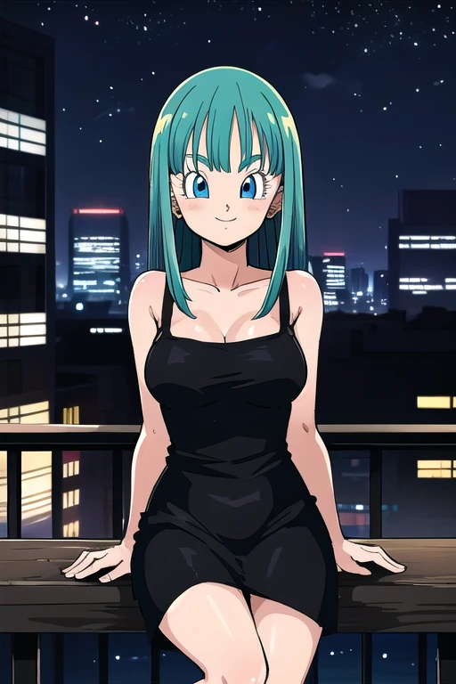 bulla, long hair, straight hair, aqua hair, blue eyes. 1girl, solo, medium breasts, black dress, city, night, smile, Sitting on the railing