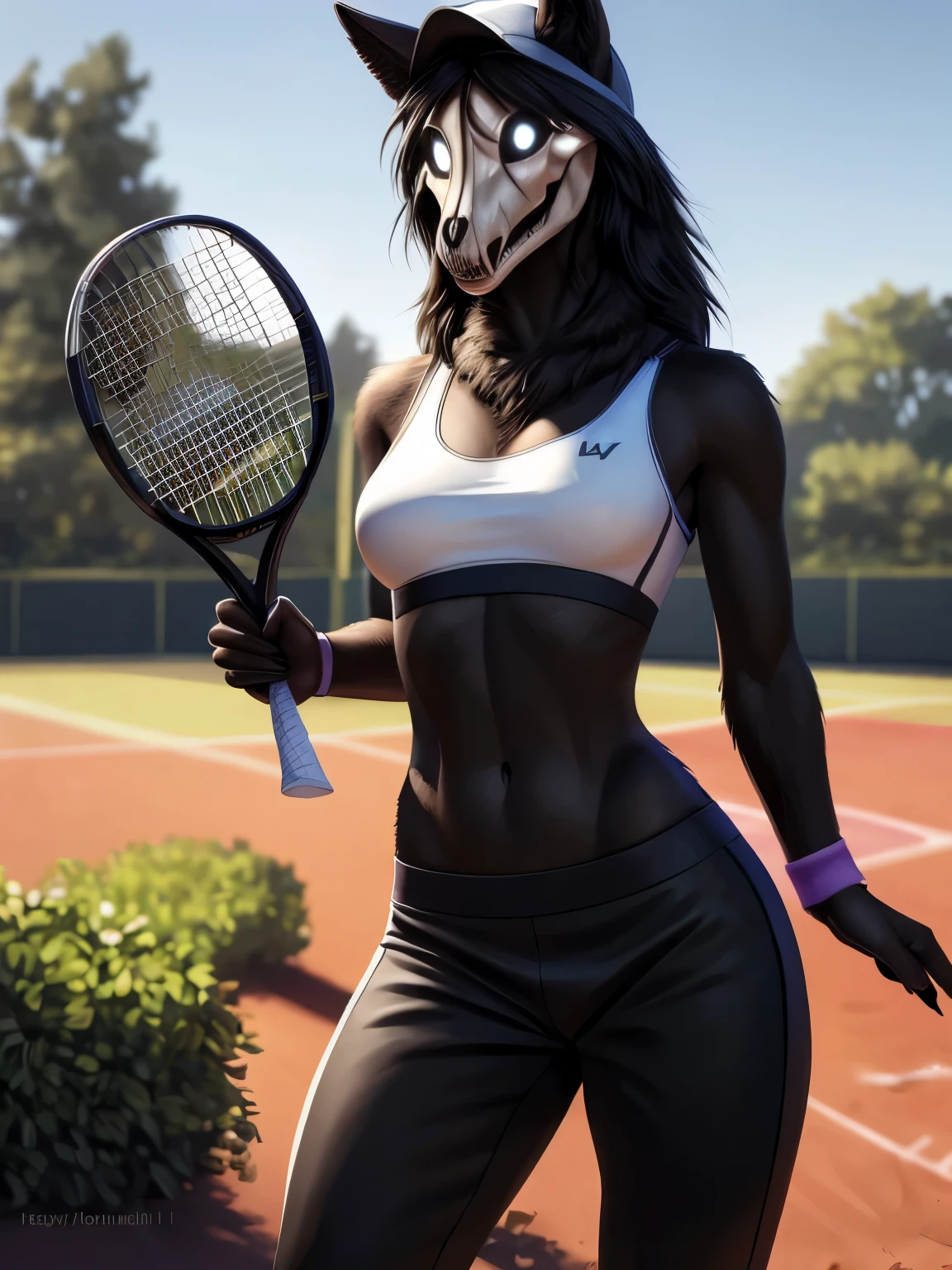 (by pixelsketcher:0.6), (by personalami :0.6), solo, female,malo scp-1471,canine,detailed background, (cinematic lighting:1.1), (perfect focus:1.1), 8k hd, photo, (detailed eyes:1.2),depth of field, bokeh, subsurface scattering, perfect breasts, wide ,(white sports pants,white bra,white crop top, tennis hat, tennis racket,holding a tennis racket), bright colors, (furry detail),detailed background,tennis court, on a tennis court, court surrounded by metal mesh, realistic, photorealistic, ultra realistic,realistic, photorealistic,smile,(fur),(realistic furry:1.1),(extreme furry detail:1.2),((black skin, black fur)),solo,