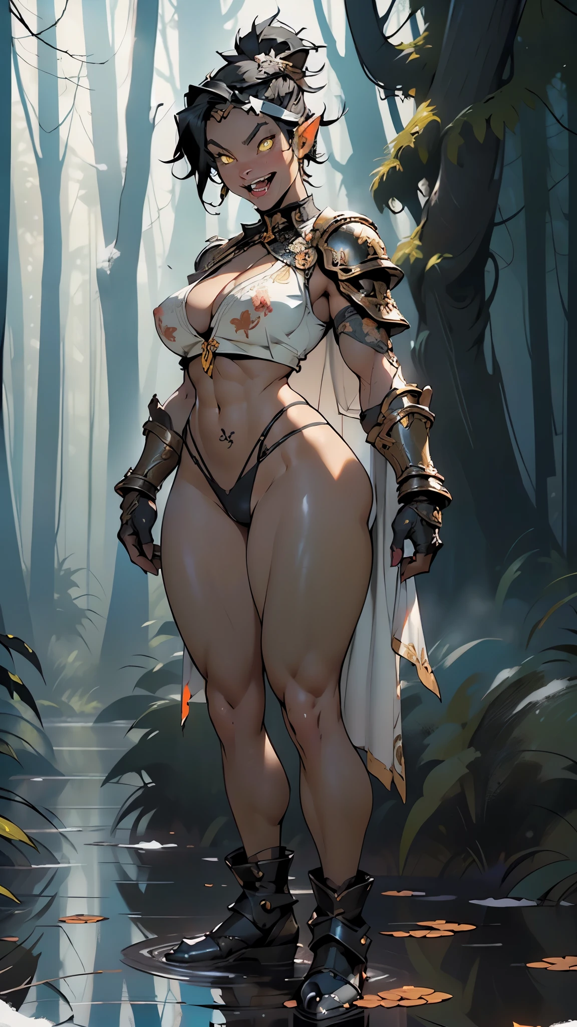 ((orc,orc girl)),((((black race)))),((pointy ears)),((black hair,messy hair,long hair,braid)),smug,(tomboy),((athletic)),((muscular:1.5)),((toned body)),((large breasts:1.5)),(((yellow_eyes:1.3))),intricate eyes,beautiful detailed eyes,symmetrical eyes,big eyes:1.5,((((tan,dark skin:1.5,black skin:1.5,dark-skinned_female,ebony skin,lustrous skin:1.5,bright skin: 1.5,shiny skin,very shiny skin,shiny body)))),(spider lower abdomen,narrow waist,wide hip,athletic body,inflated legs,thick thighs,detailed body,(detailed face)),((muscle legs,muscular thighs,muscular girl,strong and muscular,muscular,feminine and muscular,huge stature,tall stature,very tall girl,(ABS:1.1))),female orc,Orc Woman,Strong physique,the fit,((arm muscles,leg muscles)),(bulky:1.2)),(((fangs:1.5))),((prominent fangs protruding from their jaws)),((a broad flattened nose)),((expression is usually fierce and wild)),

angry,cute,slutty,seductive,erotic,(((nsfw))),

zettai ryouiki,revealing clothing,show skin,(cleavage),navel,Ombre lipstick,metallic Crow,armor,Nordic style,collarbone, metal bikini armor,((barbarian queen)),headband,skull hair ornament,steel bikini armor, gloves, pauldrons, shoulder armor, plated greaves, battleworn armor,fur paddings,torn black cape,(((intricate outfit,intricate clothes,embroidered outfit,ornate outfit))),

(dynamic pose:1.0),(centered,scale to fit dimensions,Rule of thirds),

((snowy pine forest at night, dark forest, swamp, murky water, foggy, creepy aura, eerie atmosphere)),with dark stormy clouds,winter,scenery:1.25,intricate scenery,((snow forest background)),

(Glossy winter ornaments),highres,sharp focus,(ultra detailed,extremely detailed),(photorealistic artwork:1.37),(extremely detailed CG unity 8k wallpaper),(((vibrant colors,vibrant theme))),(intricate),(masterpiece),(best quality),artistic photography,(photography taken by sldr),(intricate background),perfect rendered face,perfect face details,realistic face,photo realistic,((intricate detail)),(((realism)))