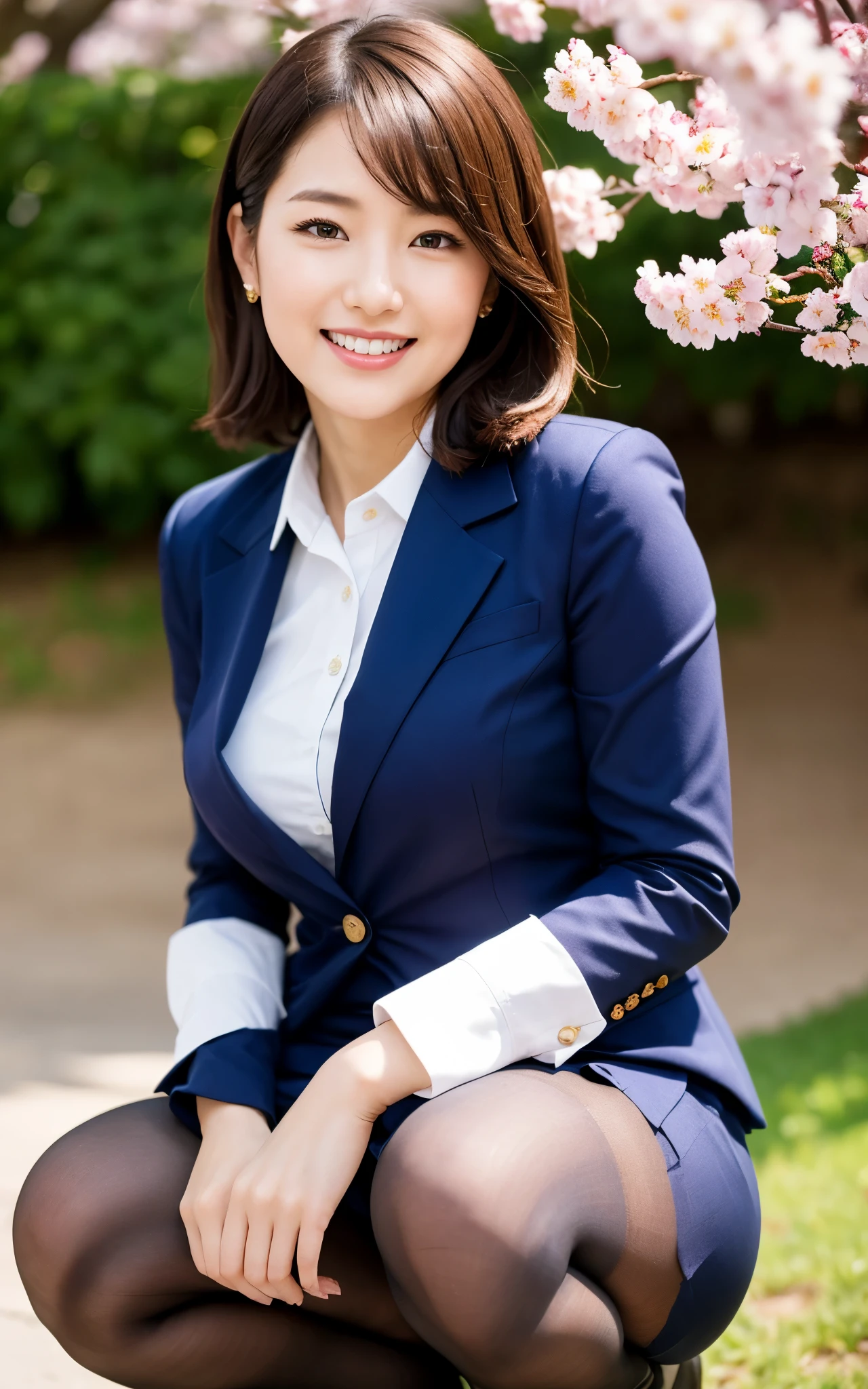 highest quality, masterpiece, ultra high resolution, (realistic: 1.5), RAW photo, professional photography, close up:0.3,from front:1, (1 female), beautiful, wonderful face and eyes, compensate, (Very detailed beautiful face), enchanting smile, beautiful white teeth, brown hair, (Japanese_girl:1.3), (suit, business shirt, mini skirt:1.2), (thick thigh, pantyhose,:1.3), (squat down:1.2), under the cherry tree, cherry blossom background, Natural light, sunshine,