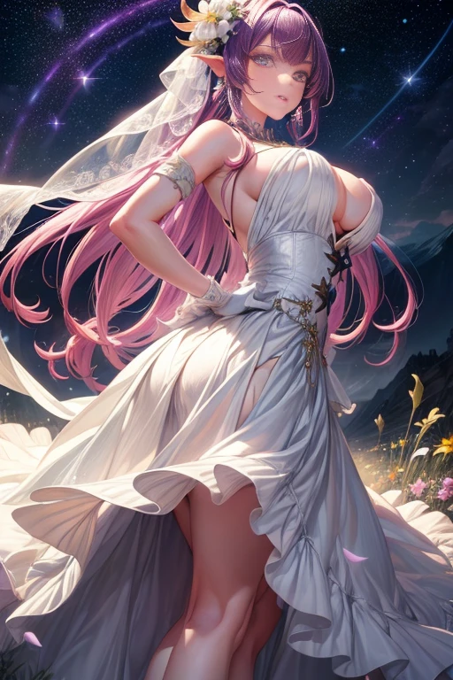 Colorful star trails floating white feathers),purple,(((((masterpiece))))),(((((high resolution))))),alone,(hair open),((flowing hair)),pink hair,blue_Eye,Everlasting,Busty beauty details skirt, flower patterns on clothes,White dres wearing gloves,ribbon,hair ribbon,hair flower,veil,beautiful detailed sky,glowing light,Ray tracing,reflected light,depth of field,((((Put your arms behind your back)))),flowers and grass,Mountain,(((((character idea))))),(((((Extremely detailed CG unified 8K wallpaper))))),Cross necklace,crown,earrings,bridal veil,sling,starry sky,cluster,starry sky,twinkling stars,,poker face,Neat figure,sit on the floor，Nice butt，beautiful butt