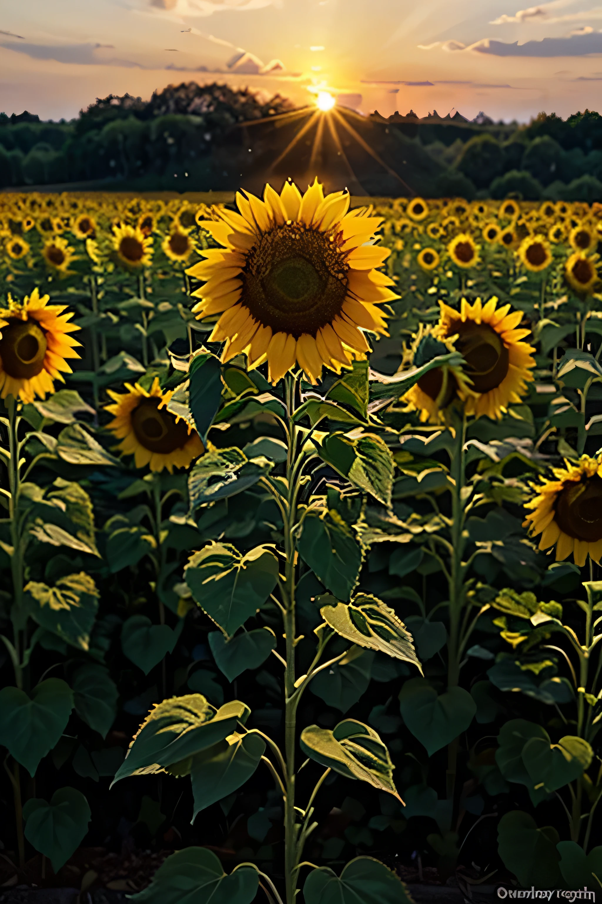 sunflower in a sunflower plantation illuminated by the golden glow of the evening sun.