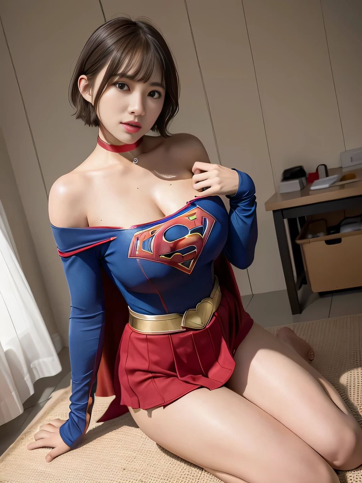 masterpiece、supergirl costume、short hair、barefoot、big and full breasts、Research room、operating table、straddle、Tattered、shiny、look at the camera、Sexy poses to seduce、choker、long sleeve、red mini skirt、Cowgirl、Estrus、sweaty、Radical、off shoulder、Glamorous、