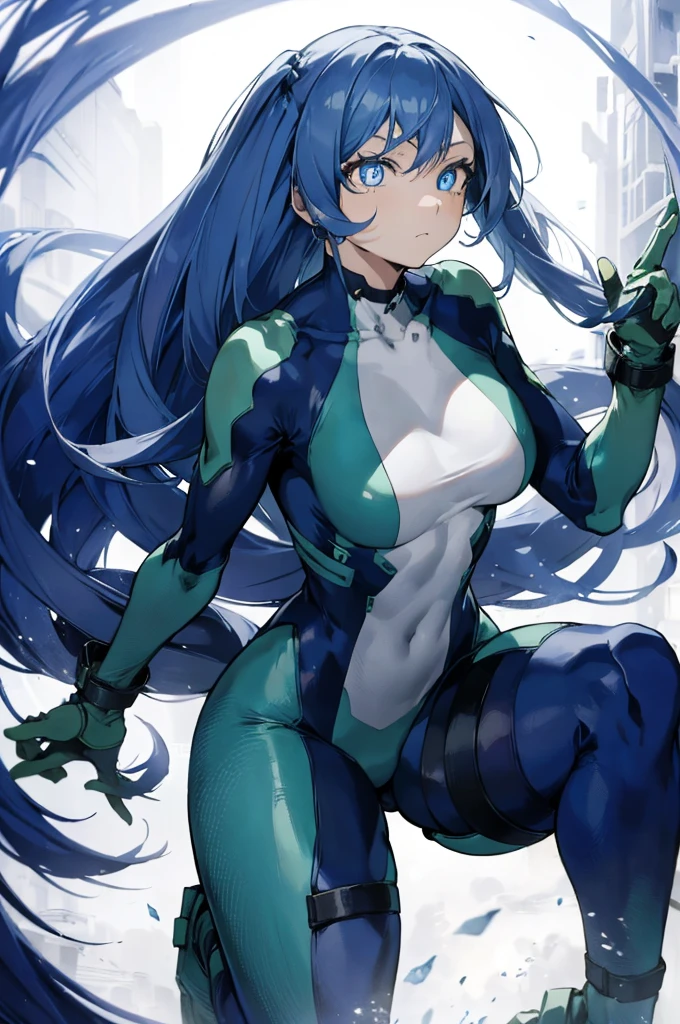 Nejirehadu, Nejire Wave, blue eyes, blue hair, long hair,
壊す blue body suit, body suit, drill hair, gloves, green body suit, multicolored body suit, colorful clothes, yellow gloves,
((壊す full body)),squat，spread your legs，arms up behind，
break white background，Break from below，looking down，lower your gaze，
breaking dynamic shot，kung fu pose，highest quality, High resolution, unity 8k wallpaper, (shape:0.8), (beautiful and detailed eyes:1.6), highly detailed face, perfect sentence, Detailed CG, (perfect hands, perfect anatomy),