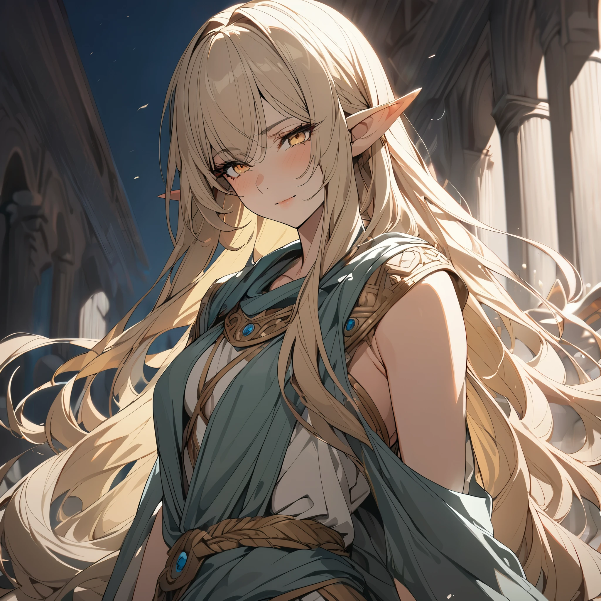 1 woman, elf, mature, elf ears, closed mouth, slightly smile, ancient clothing, roman clothe, slightly open eyes, yellow hair, very long hair, she is short, anime, ultra detailed, 8k, masterpiece