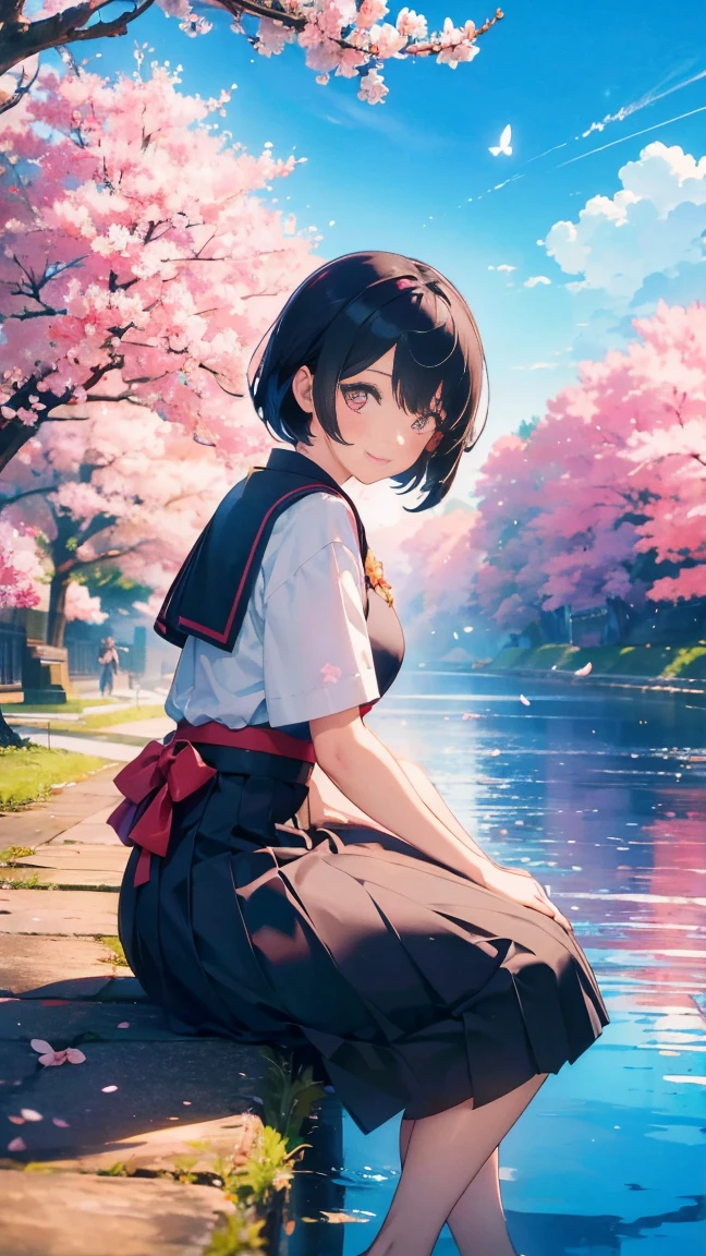 1 anime girl, Schoolgirls in the Meiji Period,Hakama with crest,alone,Black petals flutter, A mysteriously shining butterfly.city,Black vibrant hair,bright black jewel eyes,short bob,thin legs,very clear,highest quality,smile,,cherry blossomsの花びらに触れる,cherry blossoms,turn to the side,空に舞うたくさんのcherry blossomsの花,beautiful blue sky,meteor,Meiji-era cityscape,Taisho Roman,sitting,playing in the river,barefoot