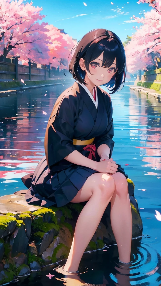 1 anime girl, girls in the Meiji Period,Hakama with crest,alone,Black petals flutter, A mysteriously shining butterfly.city,Black vibrant hair,bright black jewel eyes,short bob,thin legs,very clear,highest quality,smile,,cherry blossomsの花びらに触れる,cherry blossoms,turn to the side,空に舞うたくさんのcherry blossomsの花,beautiful blue sky,meteor,Meiji-era cityscape,Taisho Roman,sitting,playing in the river,barefoot