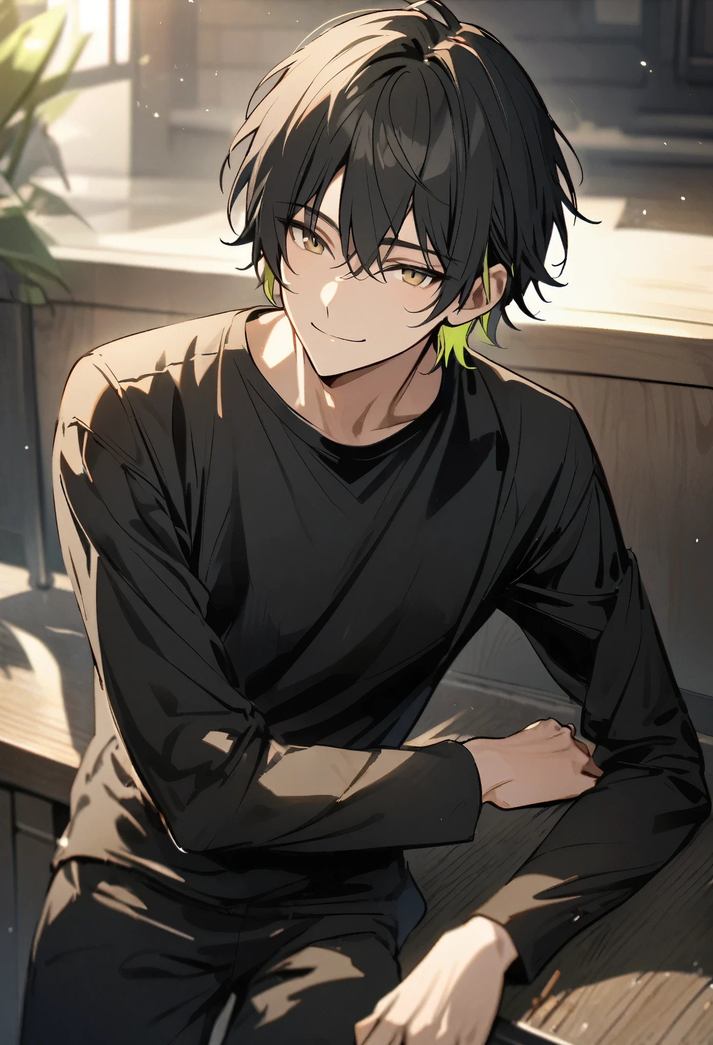 Handsome, solo, 1 male, short hair, black hair, green highlights on the tips, light brown eyes, smile facial, black shirt, long sleeves, black short pant