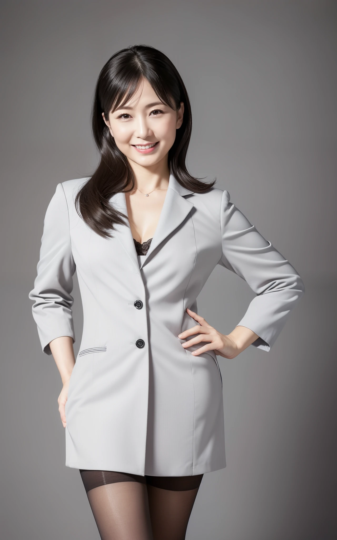 Masterpiece, Best quality, (seductive clerk:1), ((Portrait:1.3)), Smile, Gray professional wear, skin hyper-detail, Clear pores，in a panoramic view，Cocked buttocks, black lence stockings，Beautiful young Japanese mature, 40 years old, Perfect face, Fantastic look,  (Detailed facial features), Clean and nice face
