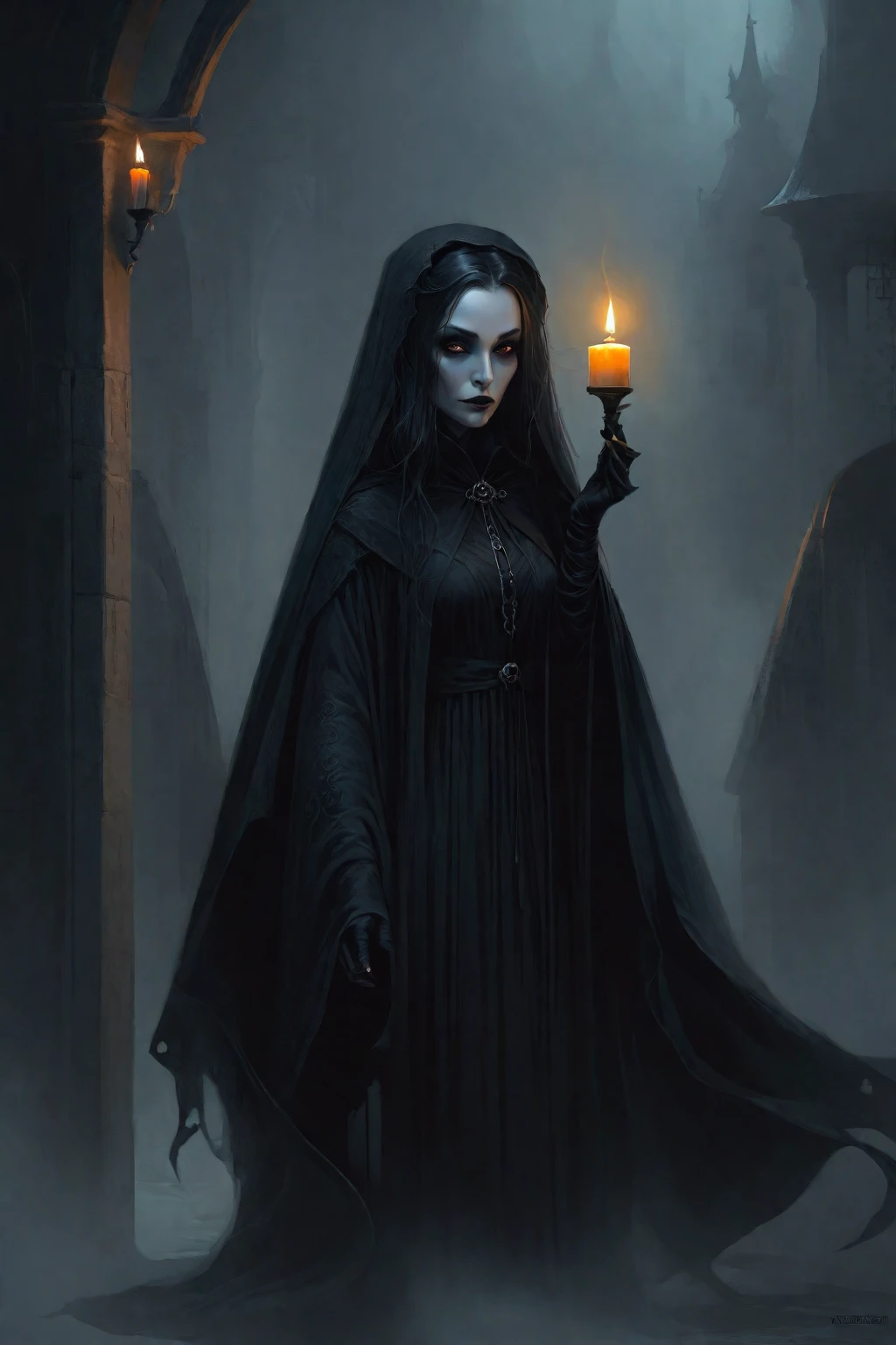 Imagen arafed de una mujer con velo , woman in black robe and a lit candle in her hand, Dark fantasy style art., Gothic ghost maiden, personaje de bruja oscura, obra de arte al estilo de guweiz, dark fantasy character design, dark robed witch, a sinister fantasy illustration, in style of dark fantasy art, dark fantasy concept art, parada en una puerta