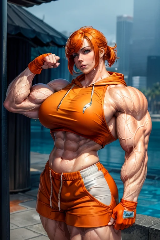 ((((Massive tall, beautiful, buff, wet, pale white skinned muscular woman with wet orange hair, ginormous muscles, flexing biceps and wearing a orange cropped hoodie orange dolphin shorts)))), close view, massive muscle, massive biceps, hyper muscle shoulders, ((massive muscle arms)) vascular shoulders, hyper muscle triceps, (shoulder length bob cut), green eyes, choker, sneakers, in a hot outdoors gym, (fingerless gloves), confident smirk, night, hyper vascular arm, hyper muscles arms, hyper muscle legs, (massive arms).