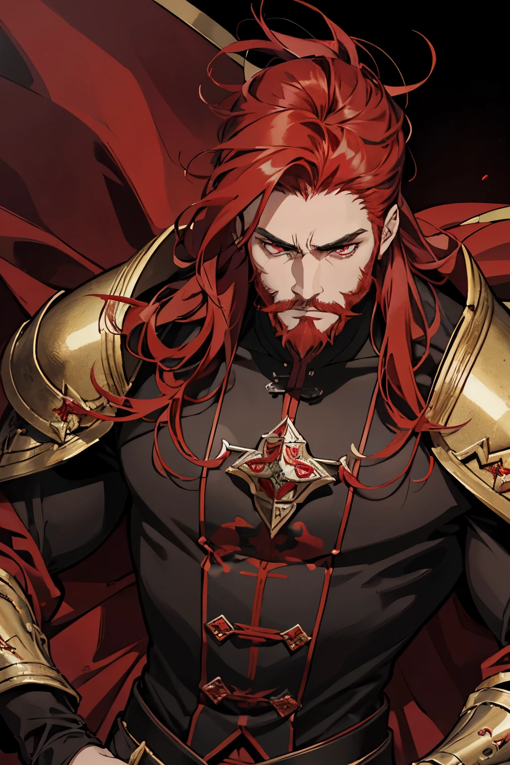 close up of a muscular bearded person with red hair, alucard, full body xianxia, vampire armor, detailed anime character art, male vampire of clan banu haqim, black and red medieval armor, l vampire, with his long red hair, red beard and red mustache, vampire, detailed 40 year old male face, ultra realistic anime red eyes no emotions, INTJ, intelligent, dark background, strong amy commander