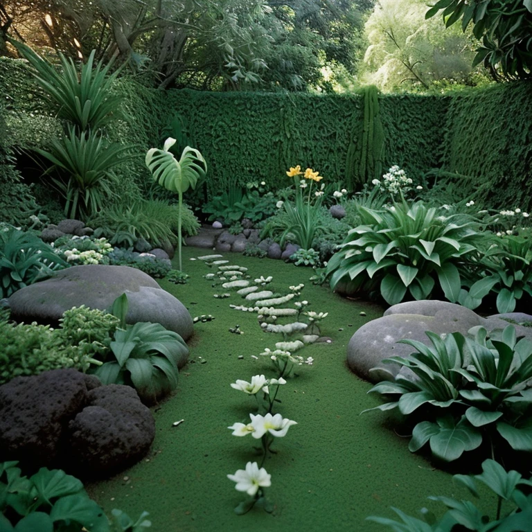 Hyper realistic image of a primitive garden from the beginning of the world, luz de alto contraste marcando zonas iluminadas e zonas escuras, analog photography effect, fujifilm provia 100