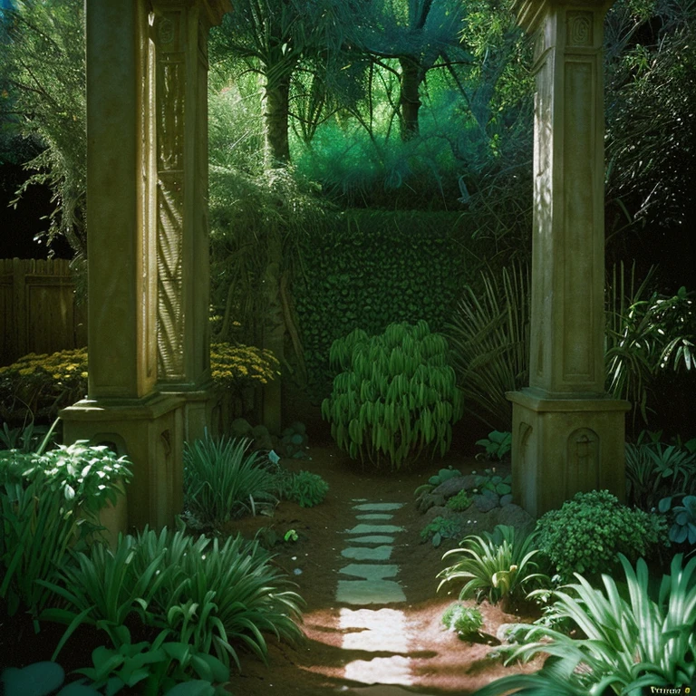 Hyper realistic image of a primitive garden from the beginning of the world, luz de alto contraste marcando zonas iluminadas e zonas escuras, analog photography effect, fujifilm provia 100