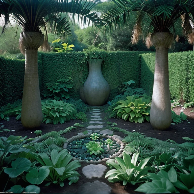 Hyper realistic image of a primitive garden from the beginning of the world, luz de alto contraste marcando zonas iluminadas e zonas escuras, analog photography effect, fujifilm provia 100