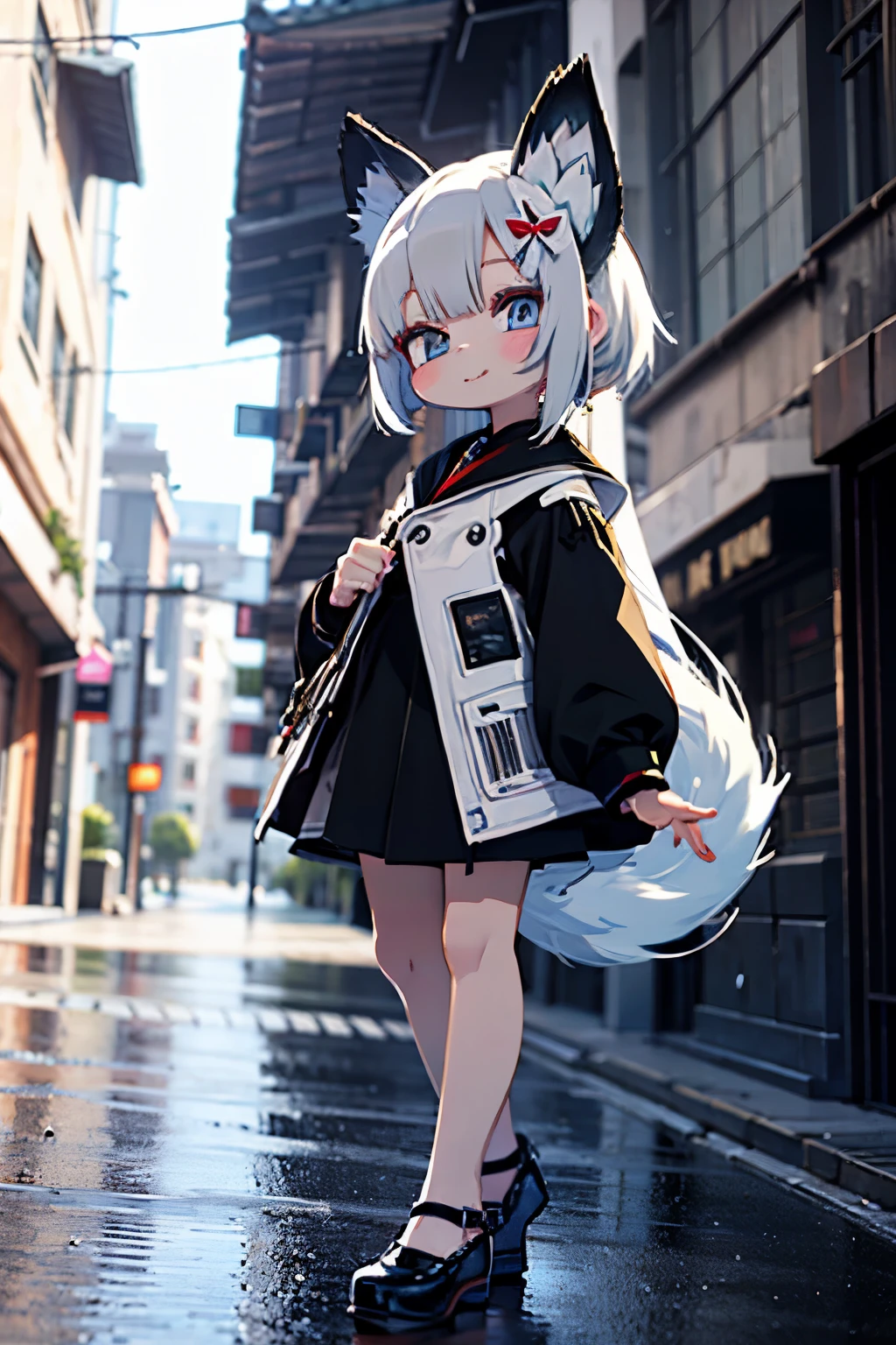 A girl with impressive white hair、Fox ears and tail、Hair Ornament、Black pantyhose、No sleeve、smile、cute shoes with accessories