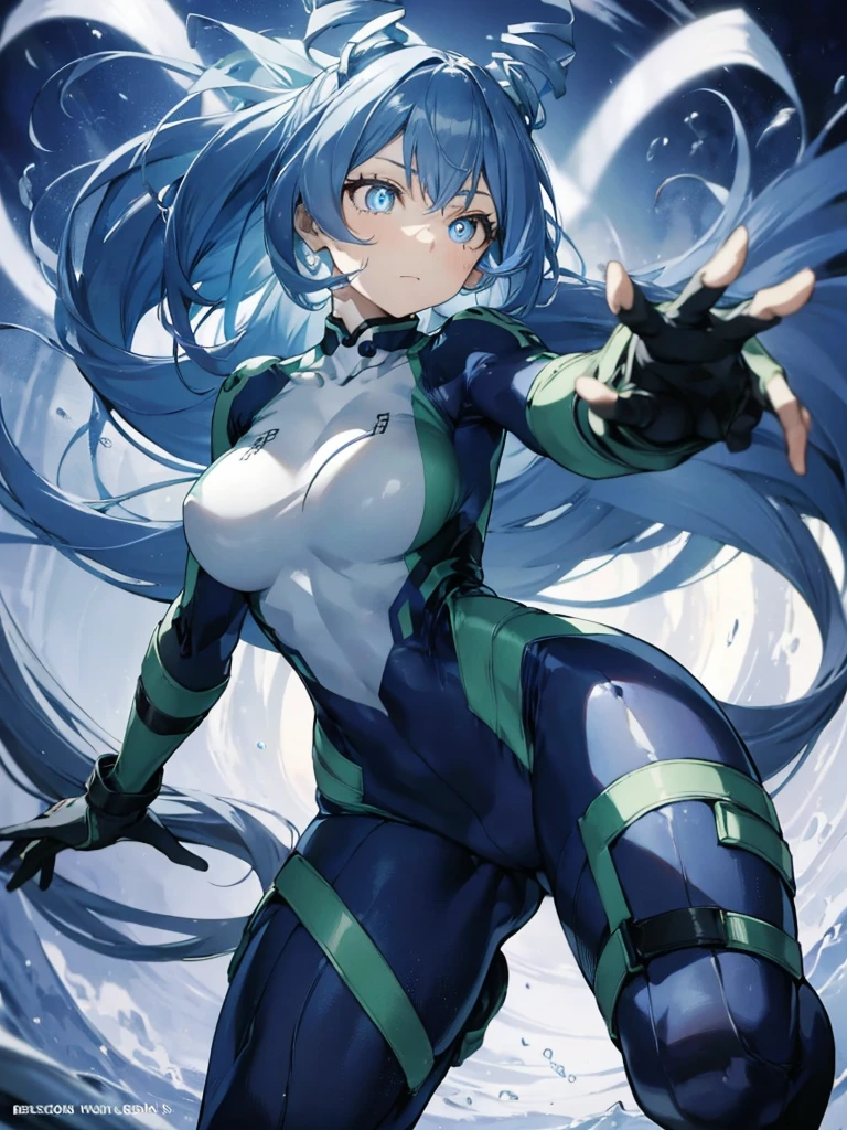 Nejirehadu, Nejire Wave, blue eyes, blue hair, long hair,
壊す blue body suit, body suit, drill hair, gloves, green body suit, multicolored body suit, colorful clothes, yellow gloves,
((壊す full body)),squat,spread your legs,arms up behind,
break white background,Break from below,looking down,lower your gaze,
breaking dynamic shot,kung fu pose,highest quality, High resolution, unity 8k wallpaper, (shape:0.8), (beautiful and detailed eyes:1.6), highly detailed face, perfect sentence, Detailed CG, (perfect hands, perfect anatomy),