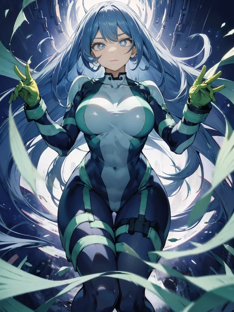 Nejirehadu, Nejire Wave, blue eyes, blue hair, long hair,
壊す blue body suit, body suit, drill hair, gloves, green body suit, multicolored body suit, colorful clothes, yellow gloves,
((壊す full body)),squat，spread your legs，arms up behind，
break white background，Break from below，looking down，lower your gaze，
breaking dynamic shot，kung fu pose，highest quality, High resolution, unity 8k wallpaper, (shape:0.8), (beautiful and detailed eyes:1.6), highly detailed face, perfect sentence, Detailed CG, (perfect hands, perfect anatomy),