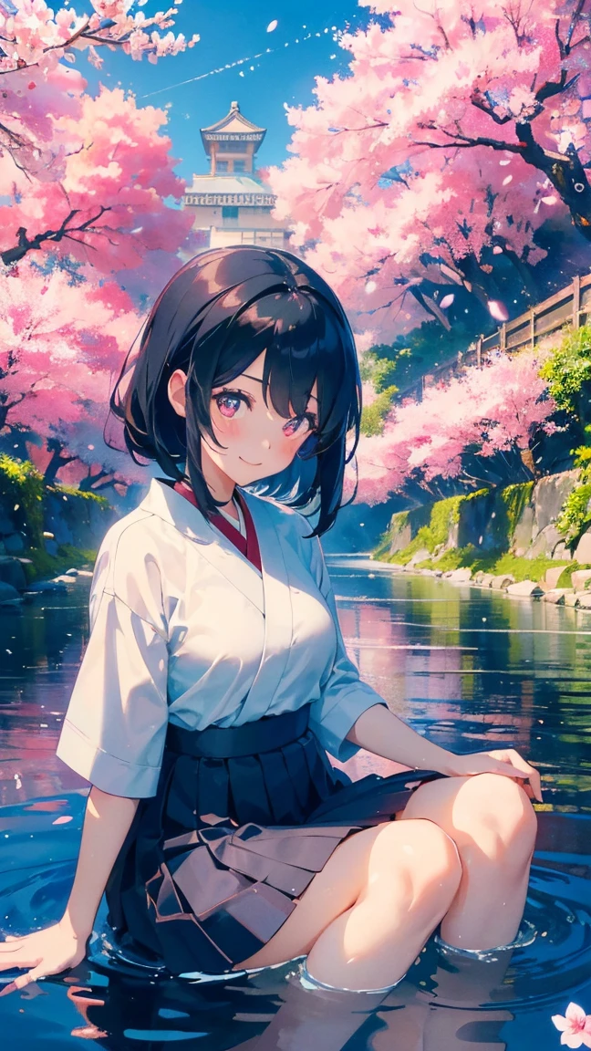 1 anime girl, girls in the Meiji Period,Hakama with crest,alone,Black petals flutter, A mysteriously shining butterfly.city,Black vibrant hair,bright black jewel eyes,short bob,thin legs,very clear,highest quality,smile,,cherry blossomsの花びらに触れる,cherry blossoms,空に舞うたくさんのcherry blossomsの花,beautiful blue sky,meteor,Meiji-era cityscape,Taisho Roman,sitting in the water,playing in the river,barefoot