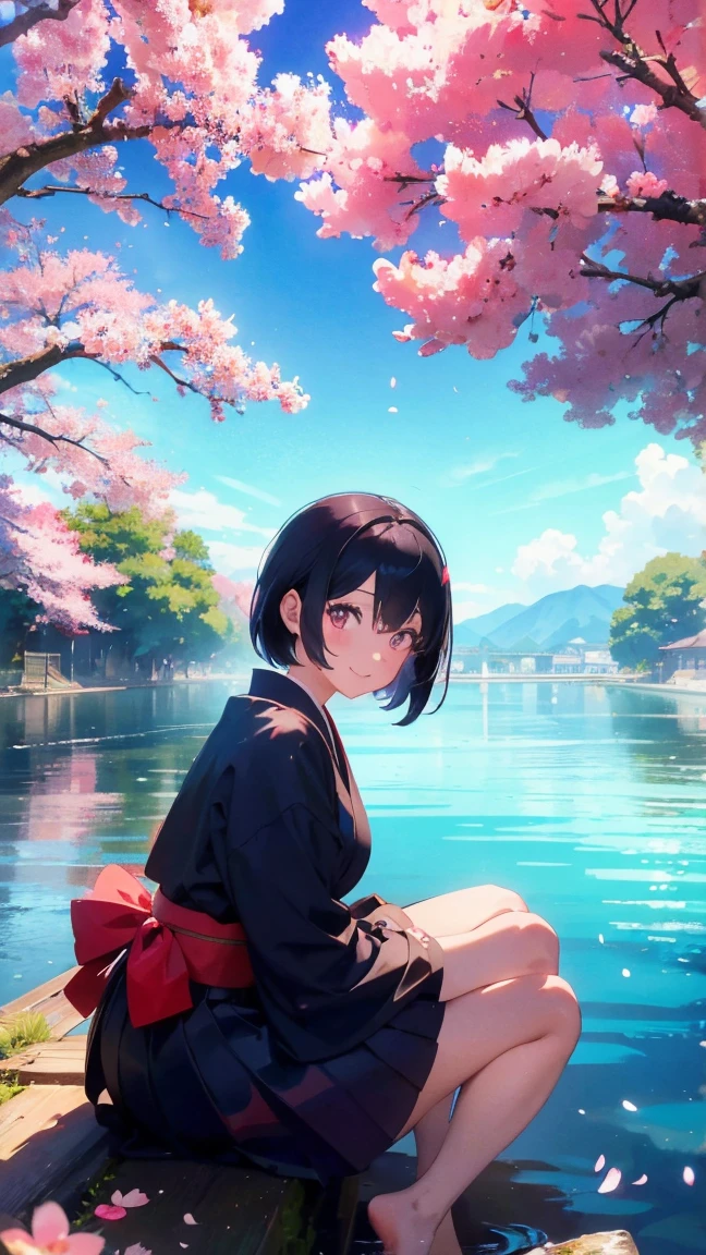 1 anime girl, girls in the Meiji Period,Hakama with crest,alone,Black petals flutter, A mysteriously shining butterfly.city,Black vibrant hair,bright black jewel eyes,short bob,thin legs,very clear,highest quality,smile,,cherry blossomsの花びらに触れる,cherry blossoms,空に舞うたくさんのcherry blossomsの花,beautiful blue sky,meteor,Meiji-era cityscape,Taisho Roman,sitting in the water,playing in the river,barefoot