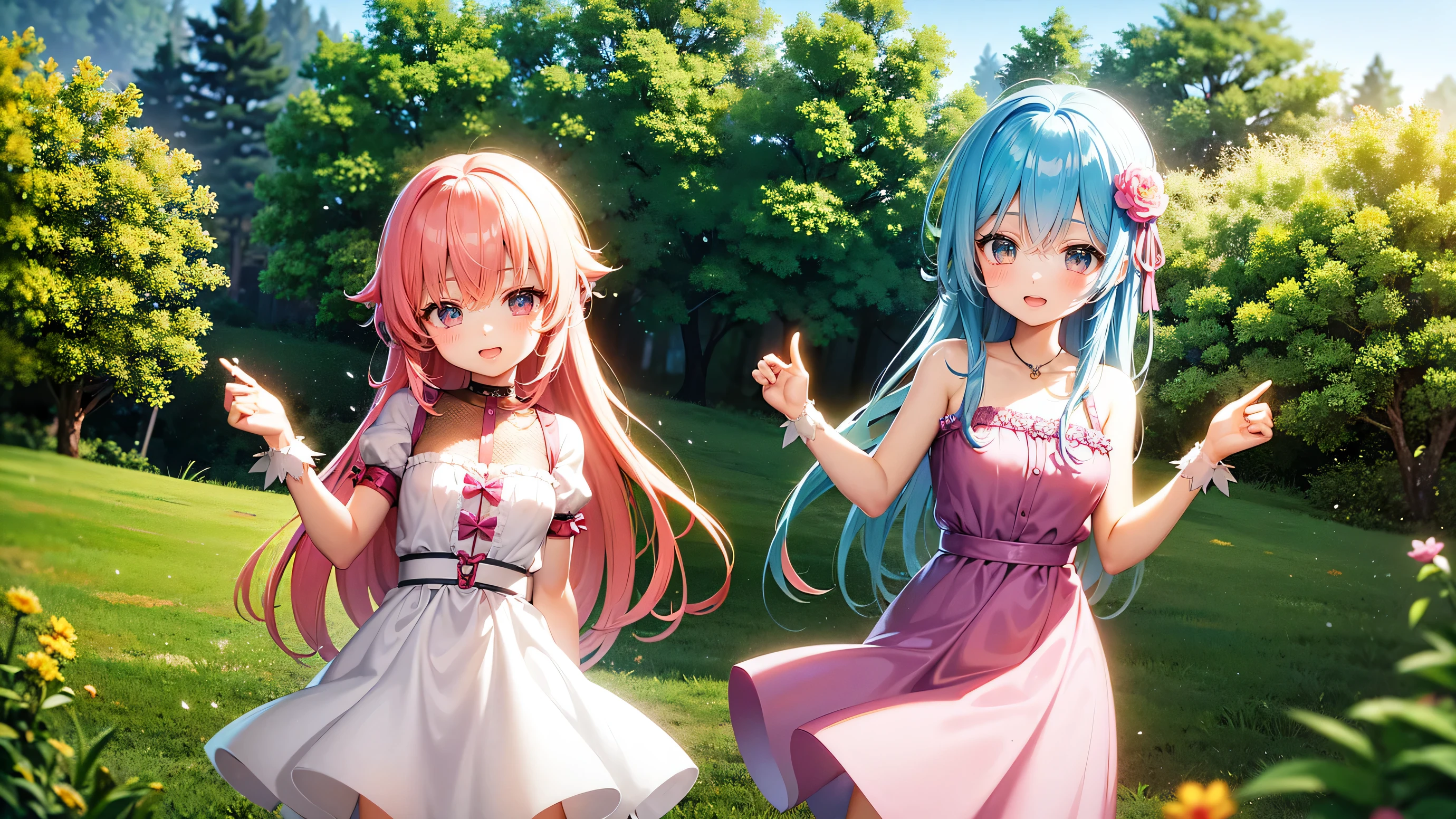 two innocent girls、、2 people(One with pink hair、1 name light blue hair)、18-year-old、cute face、smile、open your mouth、beautiful eyes、beauty of nature、Warm sunshine、wild flowers swaying in the wind々surrounded by、enjoy time in the field。Butterflies and birds fly around her、Add a playful atmosphere、magical girl clothes