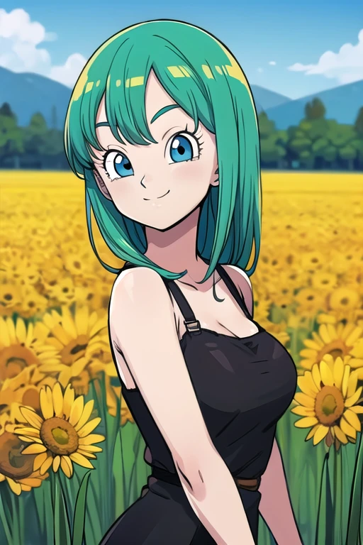 bulla, 1girl, solo,  aqua hair, blue eyes, long hair, 
, field, black dress, seductive smile, medium breast
 