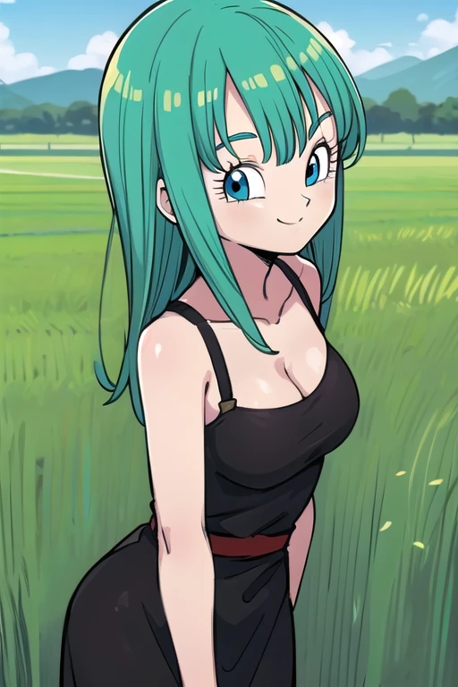 bulla, 1girl, solo,  aqua hair, blue eyes, long hair, 
, field, black dress, seductive smile, medium breast
 