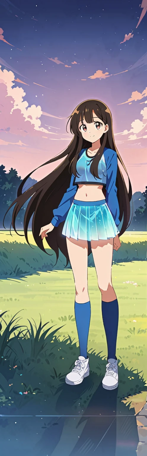 Asian girl 25 years old, big eyes, long hair, smile, grass, blue translucent pleated skirt, navel-baring short top, long-distance shot of whole body, anime style
