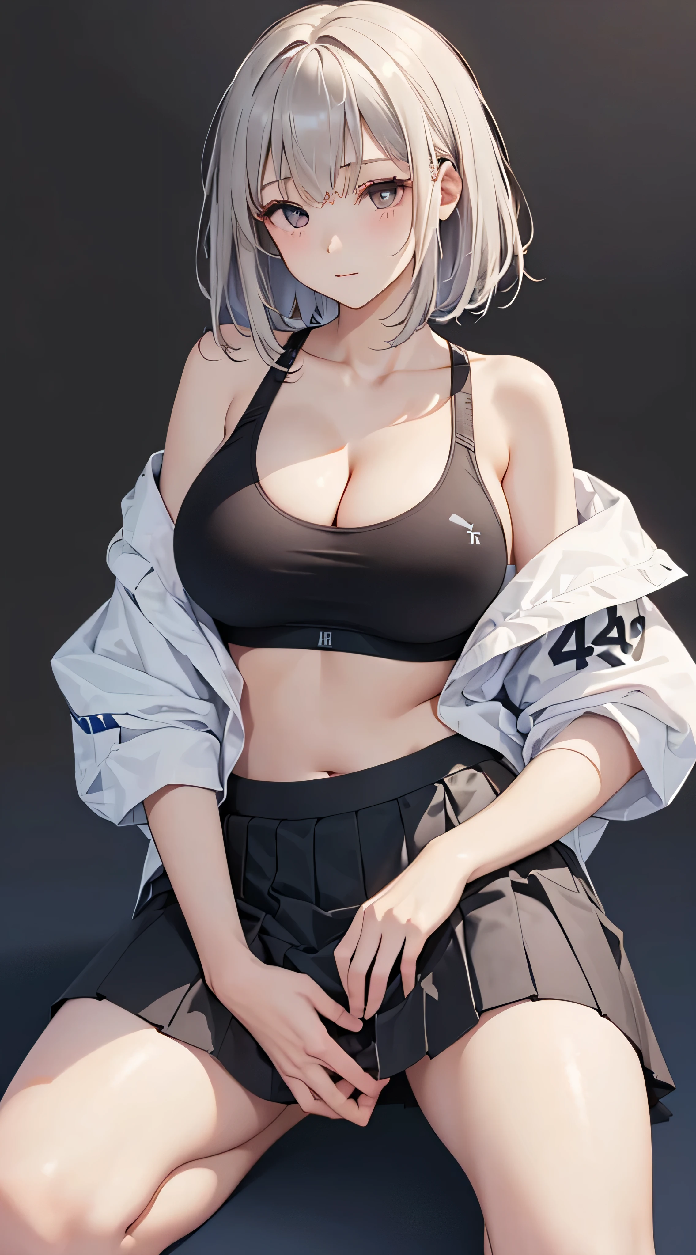 high color saturation、masterpiece、highest quality、High resolution、very delicate and beautiful、beautiful breasts、woman1people、((woman1people、solid color background、hair length、Greige hair、thick legal clothing、skirt、black sports bra))、Huge 、off shoulder、cleavage、bbw、