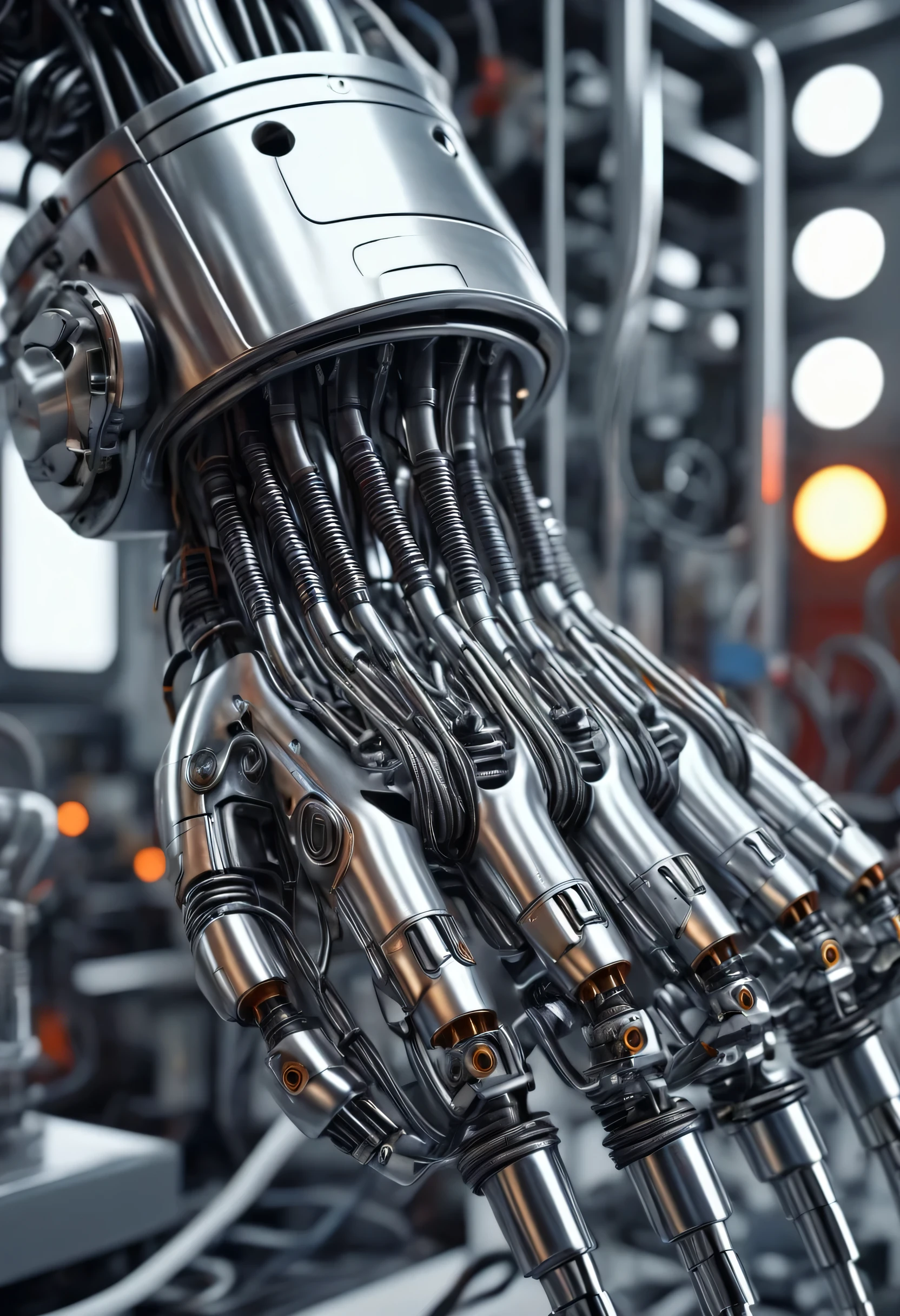 metal cyborg robotic hand in close-up, cables tubes, it is in a high-tech retro-Soviet style laboratory, cables, tubes and machines, Ultra detailed, hyperrealistic, 4k, Ultra detailed image, realistic, Highly detailed, perfect composition, splendid, Intricately detailed, Incredibly detailed, 8 k artistic photography, hyper detailed, Masterpiece, Ultra detailed, hyper realistic, 4k, Ultra detailed image, realistic, Highly detailed, perfect composition, splendid, Intricately detailed , Incredibly detailed, 8 k artistic photography, hyper detailed , Masterpiece