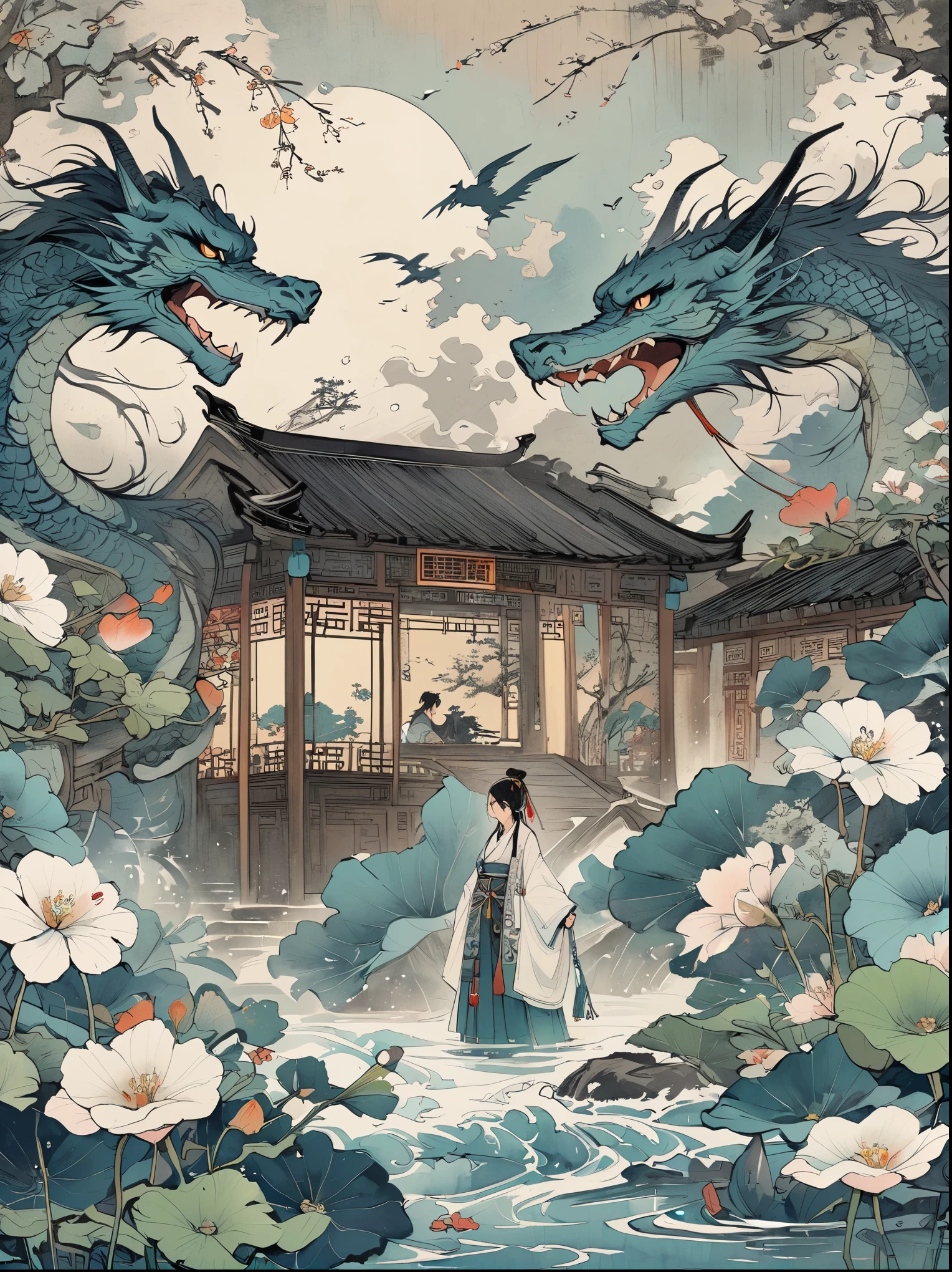 A Chinese style mural with an ancient silver dragon and a girl wearing white Hanfu in the center of the composition surrounded by clouds and mist floating on dark blue sea waves . The character ' s expression is serious and mysterious , adorned with exquisite jewelry such as earrings , necklaces , rings , bracelets , flowers and ribbons . In front of her lies a small boat filled with moonlight shining through clouds . It features flat illustrations in the style of colorful woodcut prints , with a dark gold black white gray green color scheme in the style of Chinese punk and flat painting . Highly detailed .