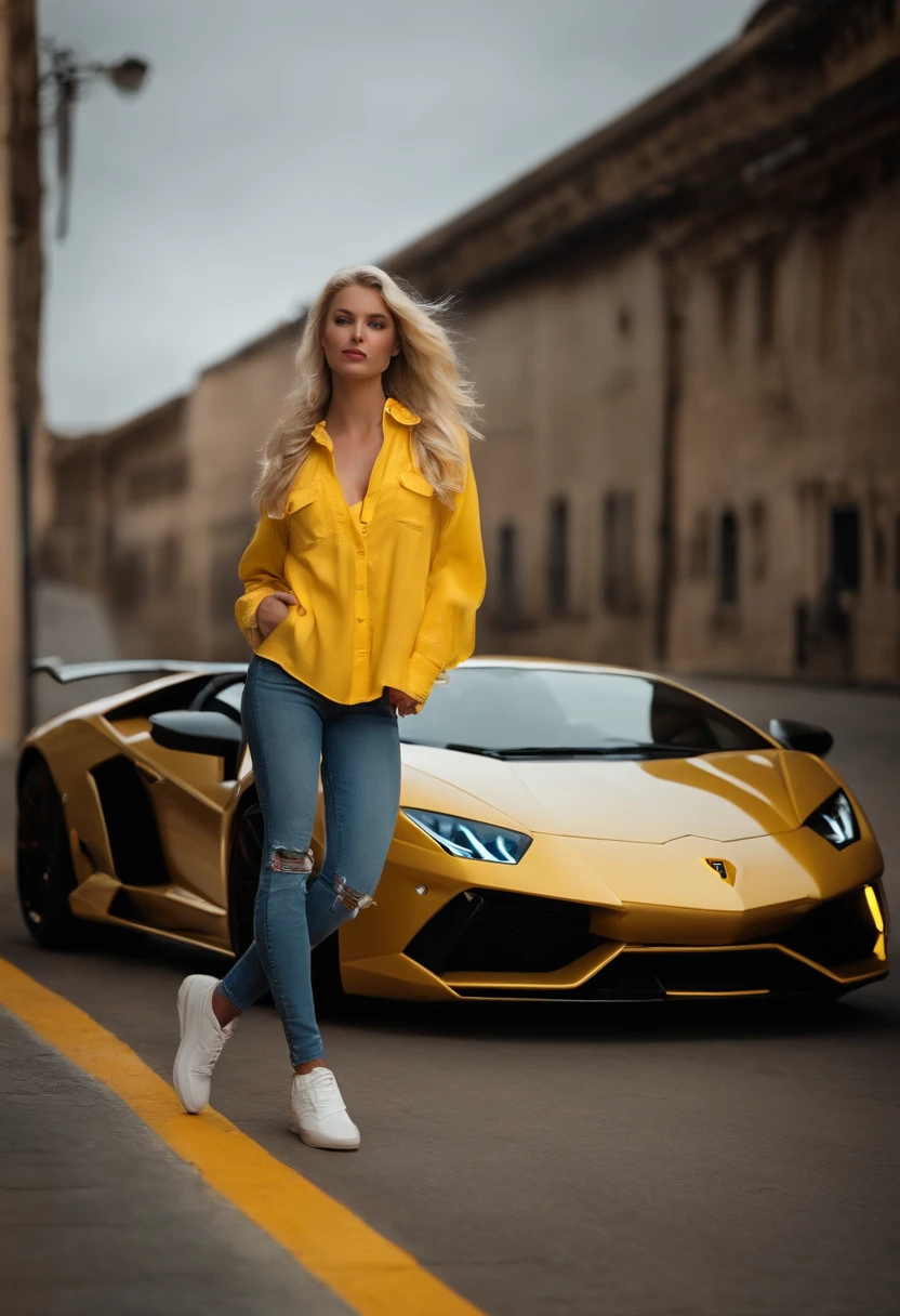 very attractive young blond chick standing next to yellow lamborghini very realistic