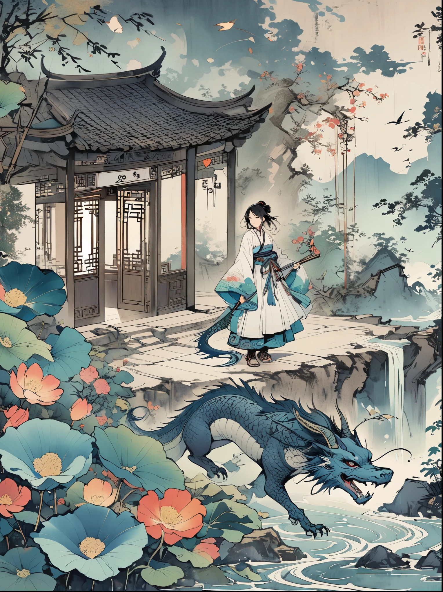 A Chinese style mural with an ancient silver dragon and a girl wearing white Hanfu in the center of the composition surrounded by clouds and mist floating on dark blue sea waves . The character ' s expression is serious and mysterious , adorned with exquisite jewelry such as earrings , necklaces , rings , bracelets , flowers and ribbons . In front of her lies a small boat filled with moonlight shining through clouds . It features flat illustrations in the style of colorful woodcut prints , with a dark gold black white gray green color scheme in the style of Chinese punk and flat painting . Highly detailed .