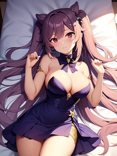 chef-d'artwork,best quality,8K,khd,1 fille allemande,humain ,Asuka Langley Soryu,((exquisite details)),,jeune,seul,Pauvre Chuchu, Huge neckline:1.7,Mes yeux pétillent, yeux petillants et perçants,(yeux brillants de lumière:1.233),((cheveux longs violet pale)),Montre tes jambes sourire desireux, Very slightly open mouth,((robe en gaze marine transparente,very light gauze skirt, lying in bed, lying on the back, bras au dessus de la tete, mains l'une sur l'autre,Pas de soutien-gorge,riches bijoux en argent, chambre, lit)),(Beautiful and detailed eyes:1.3,regarde la caméra),rougir, scarlet cheek, lying in bed,fille embarasser,Rear Lens:1.3, position sexy, position sexuelle,