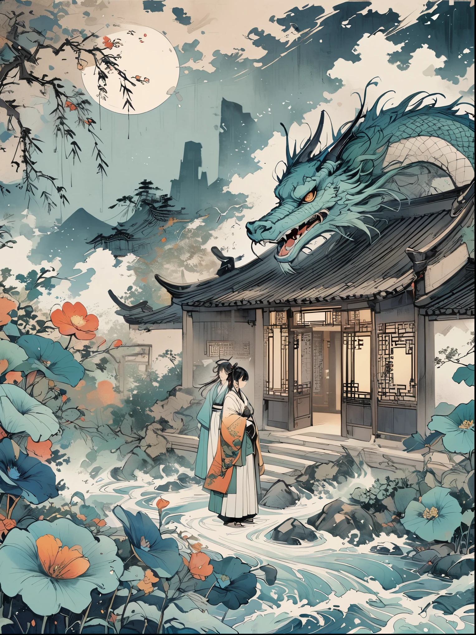 A Chinese style mural with an ancient silver dragon and a girl wearing white Hanfu in the center of the composition surrounded by clouds and mist floating on dark blue sea waves . The character ' s expression is serious and mysterious , adorned with exquisite jewelry such as earrings , necklaces , rings , bracelets , flowers and ribbons . In front of her lies a small boat filled with moonlight shining through clouds . It features flat illustrations in the style of colorful woodcut prints , with a dark gold black white gray green color scheme in the style of Chinese punk and flat painting . Highly detailed .