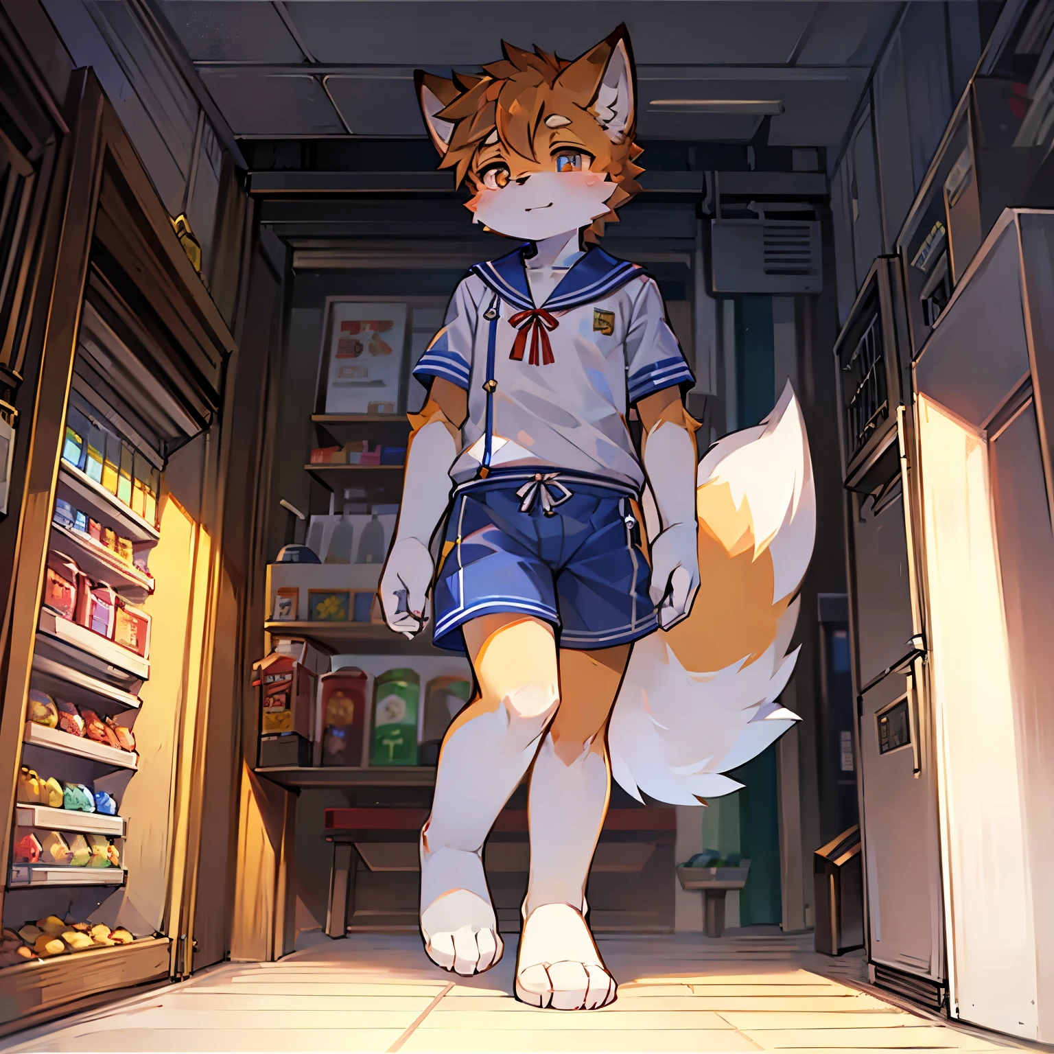 bright interior,fox boy,male focus,furry men,Characteristics of a -year-boy,Ometer four height,Bright Eyes,White limbs,Sailor suit,Sailor suit,shorts,Convenience store background