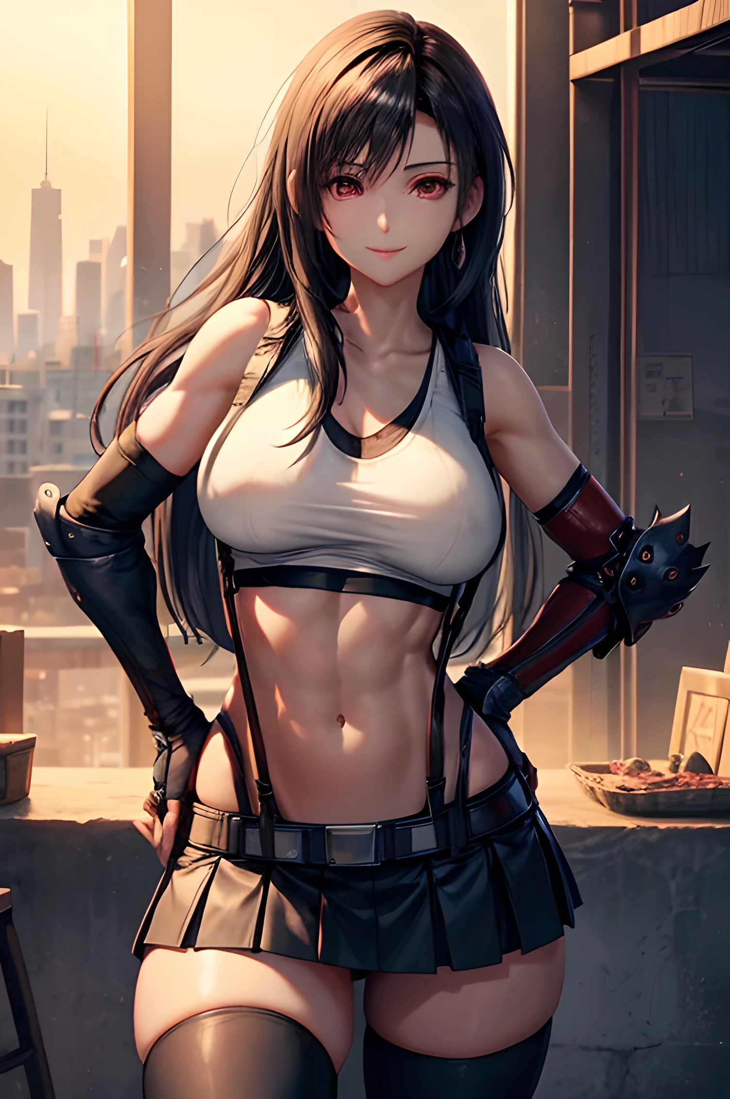 table top,(tits),firm chest,,Fixed center position,face to face,(ameizing cute:1.2),(pov),(20 years old),{best quality}, {ultra-detailed}, (photoreal:1.2),amazing quality, very aesthetic,(beautiful face:1.2),(beautiful body),front light,1 girl, Tifa Lockhart lookalike, , Generally poor breasts, long hair, gloves, Skirt, thighs, fingerless gloves, suspenders, Belly button pussy, solo, Looking at Viewer, black skirt, suspenders/skirts, black thighs, Tight, elbow pad, red eyes, (large breast), in tits,(wide boob:1),valley,Tank top figure, black hair, elbow gloves, arm guard, , daytime, pleated skirt, black glove, Zettai Ryouiki,smile , Outdoors, Curvaceous, sweep bangs, from the below:1.3,(upperbody:1.5), city street,Just a little trained abs:1.2,sexy,skin tight,hands on one hips:1.3,navel angle,standing,,side view:1,