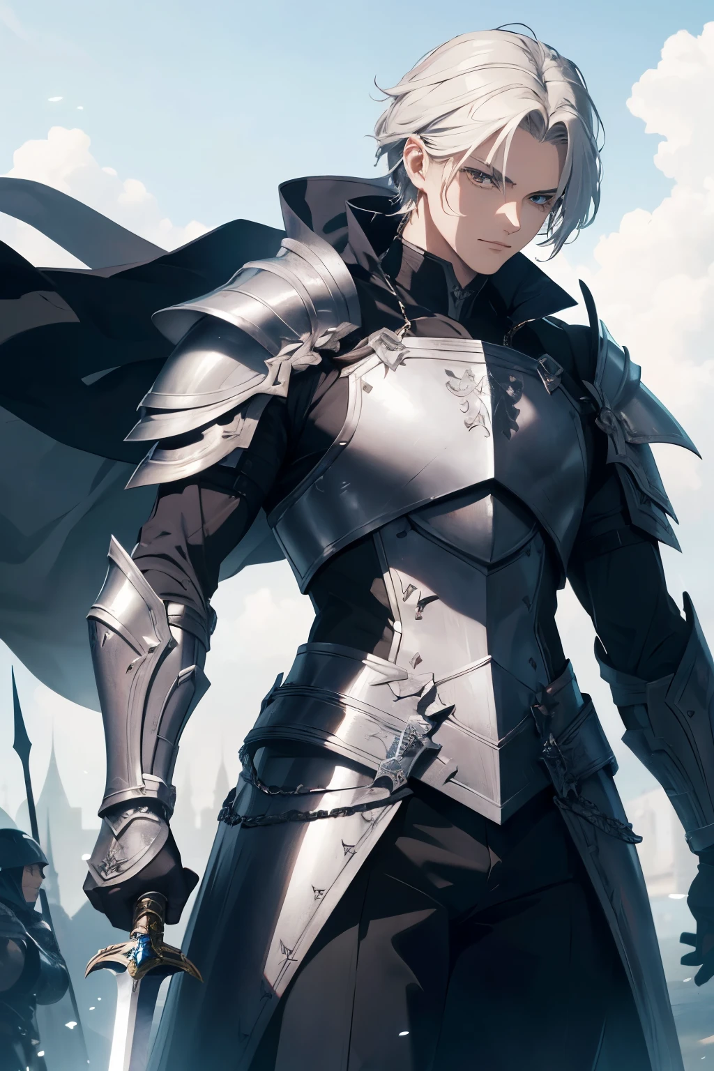 A handsome man, clad in armor, confidently holds a sharp sword in his hand. Exquisite facial features, perfectly defined jawline, piercing eyes, and a determined gaze. His skin shines under the professional lighting, the armor reflecting a stunning metallic sheen. The sword, with its intricate details and sharp edge, gleams menacingly. Invincible, majestic-looking, top photography masters award-winning works, a high resolution, luxury goods, detail-rich, light particles surround, a masterpiece. A knight in shining armor, poised for battle, ready to defend the realm.