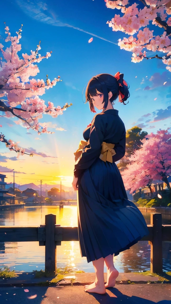 1 anime girl, Schoolgirls in the Meiji Period,Hakama with crest,alone,Black petals flutter, A mysteriously shining butterfly.city,Black vibrant hair,bright black jewel eyes,short bob,thin legs,very clear,highest quality,smile,,cherry blossomsの花びらに触れる,cherry blossoms,空に舞うたくさんのcherry blossomsの花,beautiful blue sky,meteor,Meiji-era cityscape,Taisho Roman,Stand up and turn around,barefoot,nostalgic,sunset,sunset