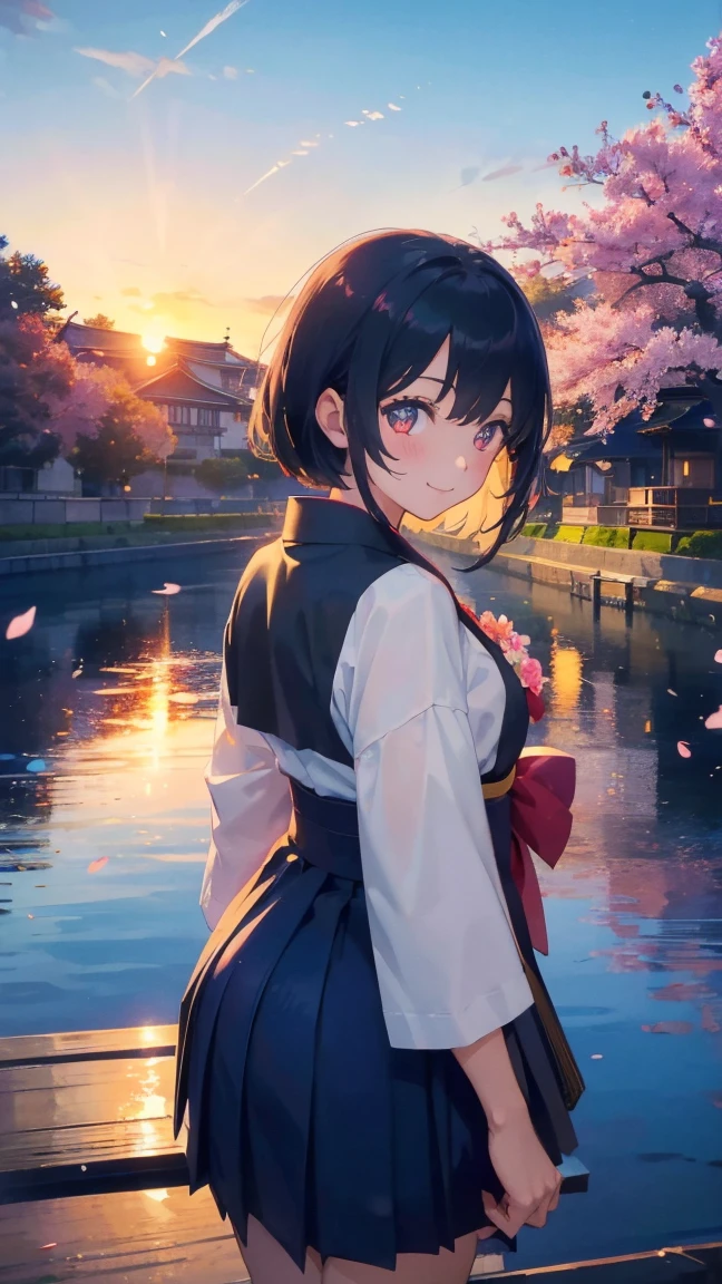 1 anime girl, Schoolgirls in the Meiji Period,Hakama with crest,alone,Black petals flutter, A mysteriously shining butterfly.city,Black vibrant hair,bright black jewel eyes,short bob,thin legs,very clear,highest quality,smile,,cherry blossomsの花びらに触れる,cherry blossoms,空に舞うたくさんのcherry blossomsの花,beautiful blue sky,meteor,Meiji-era cityscape,Taisho Roman,Stand up and turn around,barefoot,nostalgic,sunset,sunset