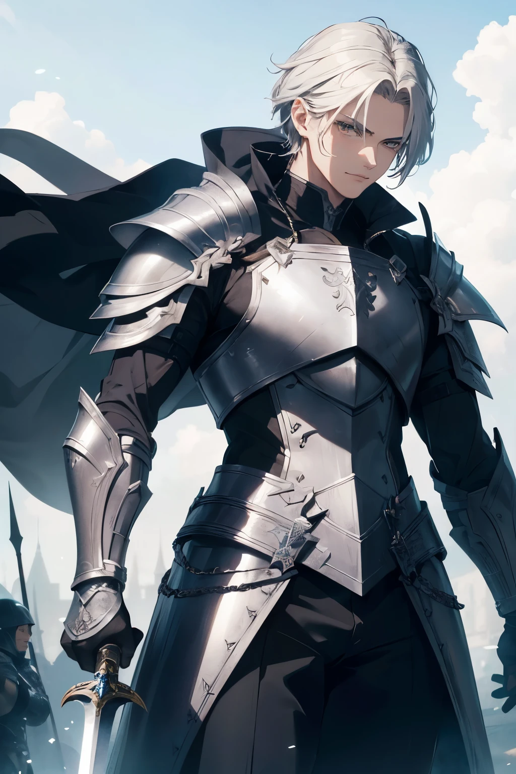 A handsome man, clad in armor, confidently holds a sharp sword in his hand. Exquisite facial features, perfectly defined jawline, piercing eyes, and a determined gaze. His skin shines under the professional lighting, the armor reflecting a stunning metallic sheen. The sword, with its intricate details and sharp edge, gleams menacingly. Invincible, majestic-looking, top photography masters award-winning works, a high resolution, luxury goods, detail-rich, light particles surround, a masterpiece. A knight in shining armor, poised for battle, ready to defend the realm.