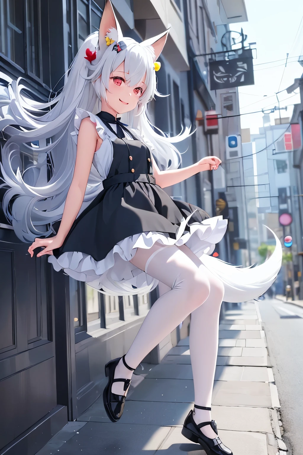 A girl with striking white hair、Fox ears and tail、hair ornaments、black pantyhose、sleeveless、smile、Cute shoes with accessories、hold one's knees